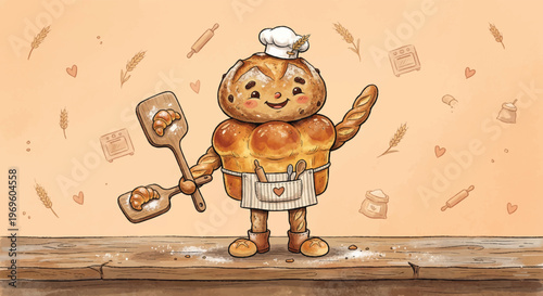 Cute cartoon baker character made of bread wearing a chef hat and apron