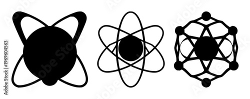 Quantum computing qubit atom set with solid black icon on white background featuring qubit, atom, quantum mechanics with iconography and vector graphics