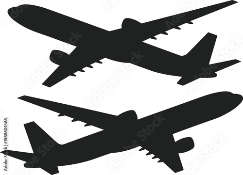 Airplane silhouettes, two jet aircraft, diagonal orientation, aviation design, flight comparison, wings engines tail fins, transport industry, educational perspective