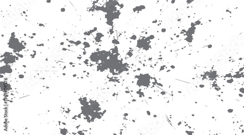 Gray ink splatter pattern with irregular spots and paint droplets on a white background