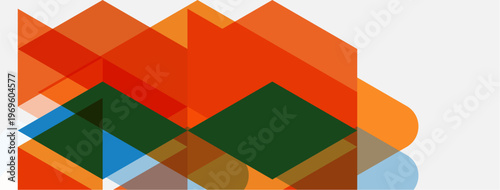 Abstract geometric shapes overlap. Orange, green, blue hues dominate composition. Minimalist design, modern aesthetic.