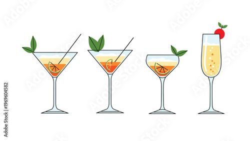 Selection of four elegant cocktail glasses filled with orange and yellow drinks and garnished with lime and berries on white background.