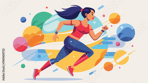 Running woman with colorful background in a dynamic scene during daytime