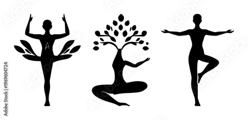 Yoga tree pose set with solid black icon and white background featuring yoga, tree pose, silhouette with black and white and icon