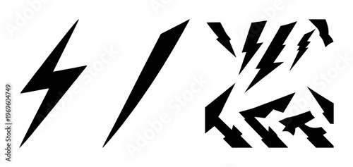 Energy lightning bolt icon set with solid black vector design featuring clean energy, power, and sustainability with iconography and abstract