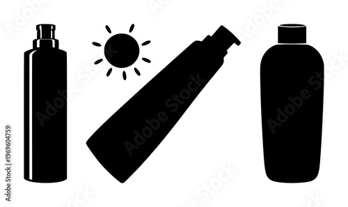 Sun cream bottle set with solid black icon on white background featuring sunscreen, personal care, health with cosmetics and iconography