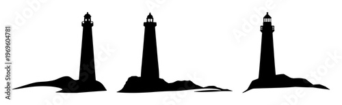 Lighthouse icon set with solid black icon on white background featuring lighthouse, navigation, maritime with outline and silhouette