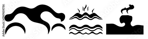 Geothermal energy icons set with solid black icon on white background featuring heat waves, black line art, thermal illustration with energy and geology