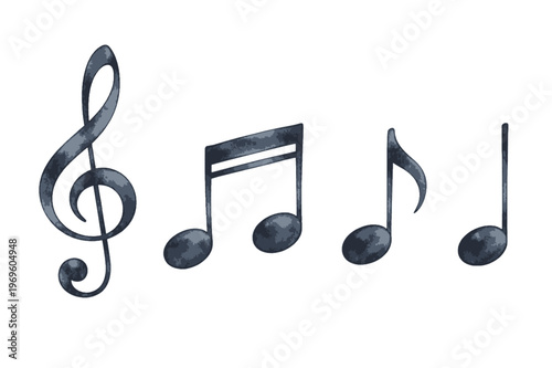 Foto Watercolor music notes collection illustration, dark blue musical symbols and treble clef isolated on white background