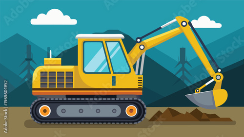 Excavator working to move dirt in a construction area near mountains on a clear day