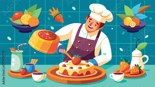 Baker prepares a dessert at a kitchen counter with fruits and drinks around