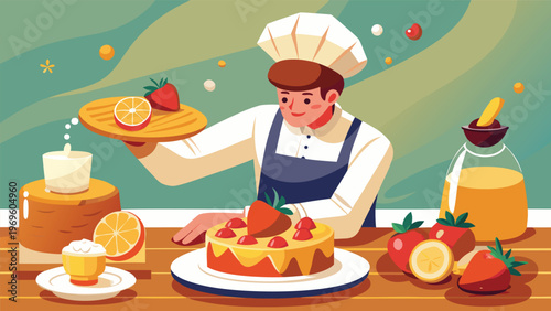 Baker working with strawberries and lemon in a kitchen preparing dessert