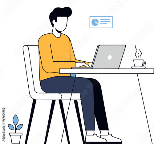 Man working on laptop at desk with coffee in minimalist flat vector illustration