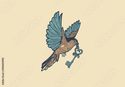 Vintage hand-drawn illustration of a flying bird carrying an old skeleton key in its beak. Symbol of freedom, hope, and mystery.