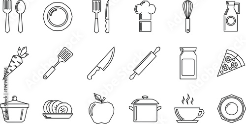 Kitchen and food outline icon set with utensils cookware and ingredients in minimalist line vector style