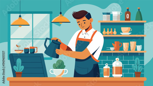 Barista prepares coffee at a cafe during a busy morning service in the city