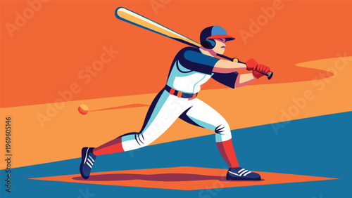 Baseball player swings a bat during a game at sunset in a colorful field with a ball approaching