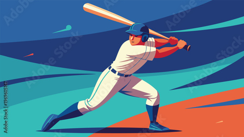 Baseball player swings bat in colorful setting during a game in a stadium