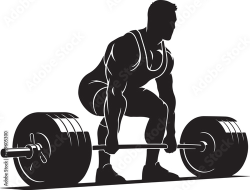 Black silhouette fitness man lifting weights, gym workout vector illustration, athletic exercise, strength training