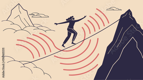 Person balancing on a tightrope made of sound waves between mountains symbolizing balance and harmony in a challenging environment