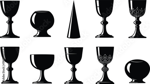 Set of antique goblet silhouettes featuring ornate chalices, religious holy grails, medieval wine cups, and decorative royal vessels for history and luxury design concepts.