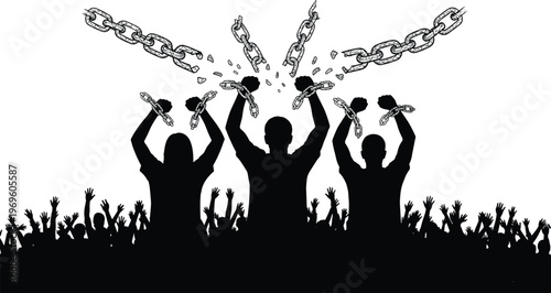 Freedom silhouette, breaking chains, liberation art, unity crowd, human rights, protest illustration, emancipation design, resistance vector, social justice, symbolic strength