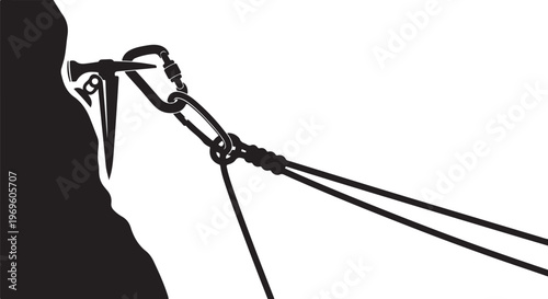 Climbing rope, carabiner, and harness, black silhouette, adventure sports equipment, outdoor activities