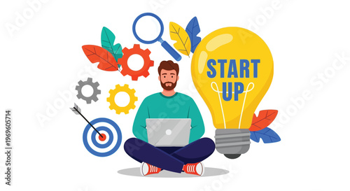 Man sitting with laptop surrounded by startup and business concept symbols and a large light bulb