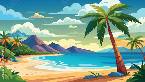 Sunny beach scene with palm trees and mountains by the water at evening time with blue sky and clouds in the background