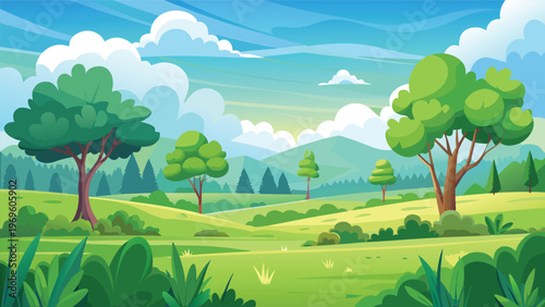 Lush green landscape with trees and hills under a bright blue sky at daytime