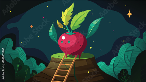 Red vegetable with leaves on top of a hill during night time in a cartoon style art