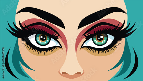 Close view of a woman's face showing bold eye makeup and striking features with blue hair