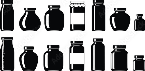 Set of black silhouette glass jar and bottle icons featuring various food storage containers, honey pots, jam jars, and milk bottles for kitchen pantry organization.