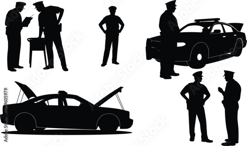 Police officers silhouettes set, law enforcement with patrol car and inspection scene vector illustration isolated