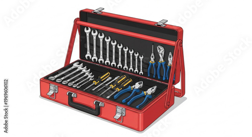 Open red toolbox with organized wrench and plier set on white background for diy projects and repairs
