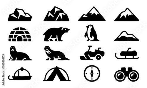 Polar winter glyph icon set black solid arctic nature and exploration vector.