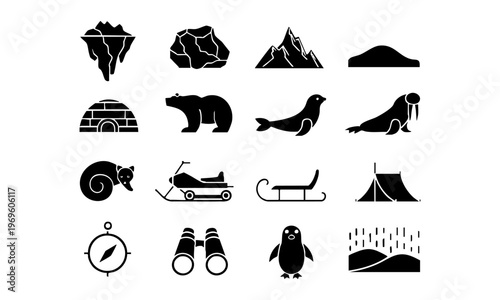 Arctic travel and wildlife glyph icon set black silhouette polar vector icons.