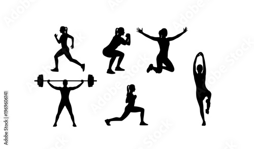 Female Workout Silhouette Set Fitness Training Poses Vector Illustration Isolated