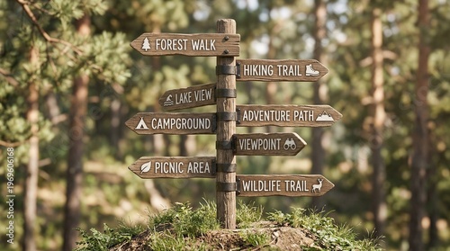 Wooden signpost with multiple directional arrows in a forest, indicating hiking trails and points of interest.
