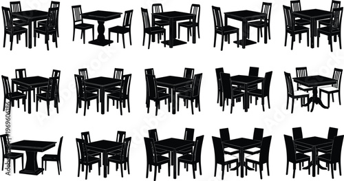Set of black silhouette dining table and chairs icons featuring various wooden furniture arrangements with four and two chairs for interior design graphic assets.