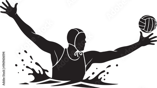 Water polo player, swimming, black silhouette, sports icon, vector illustration
