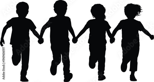 Children holding hands silhouette, kids running together vector illustration isolated black friendship unity teamwork concept