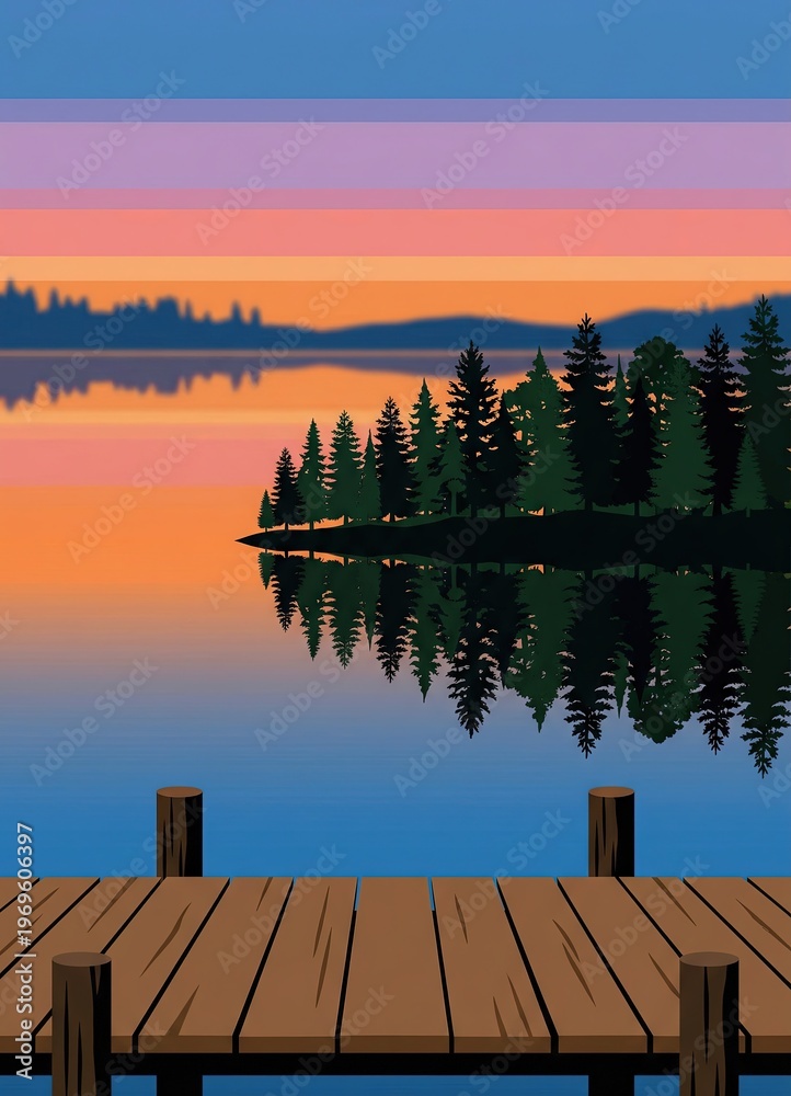 Obraz premium Generated ai: Serene Minimalist Lake Sunset with Pine Forest and Wooden Pier Reflection