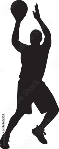 Basketball player silhouette, black sports icon, athletic jump shot, vector illustration