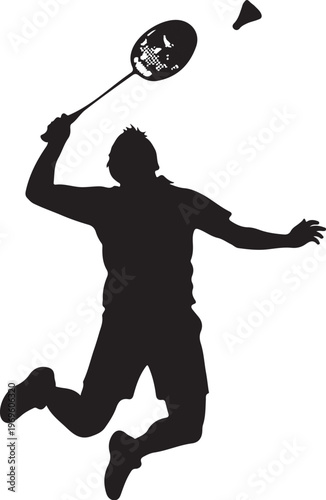 Badminton player silhouette, black sports icon, athletic jump smash, racket vector