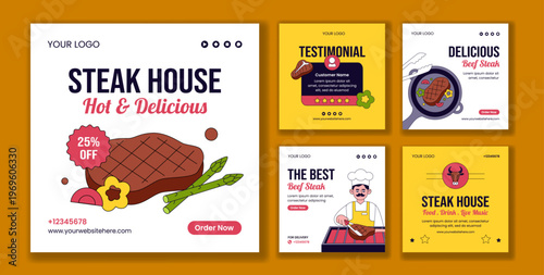 Flat Cartoon Hand Drawn Background Illustration Social Media Post Steakhouse