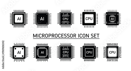 Microprocessor icon set featuring ai and cpu chip designs