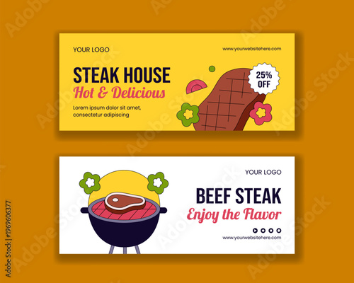 Social Media Banner Flat Cartoon Hand Drawn Illustration Steakhouse Background