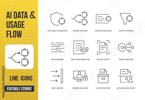 A set of AI data usage flow icons for validation, routing, filtering, anonymization, and secure data handling in intelligent systems, created in line style with editable stroke