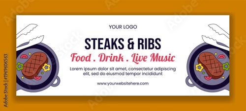 Steakhouse Social Media Facebook Cover Flat Cartoon Hand Drawn Background